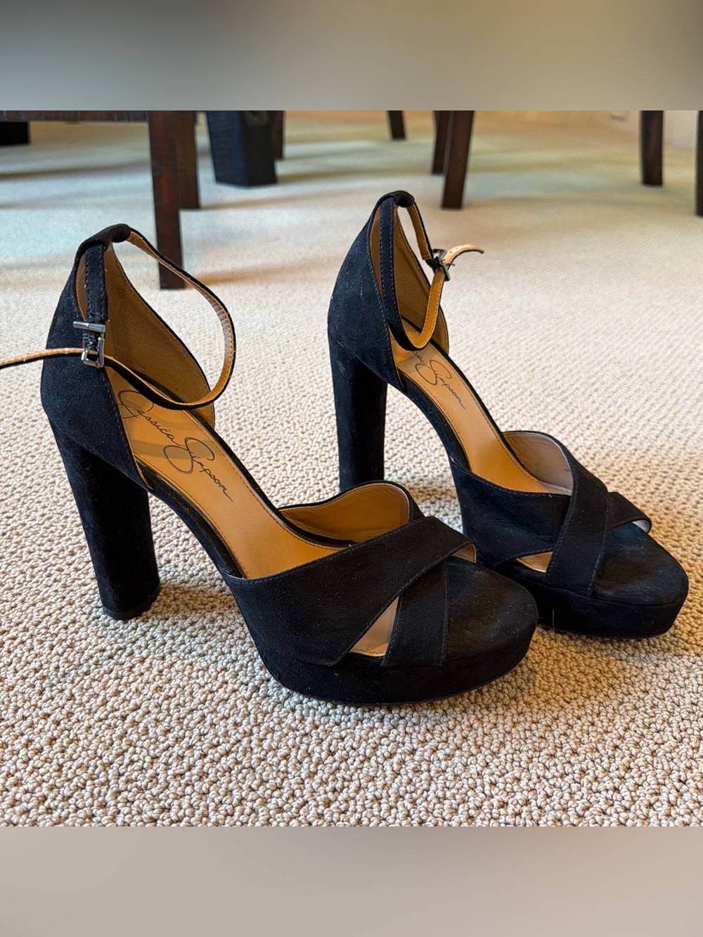 Jessica Simpson Black Suede Platform Ankle-Strap Heels